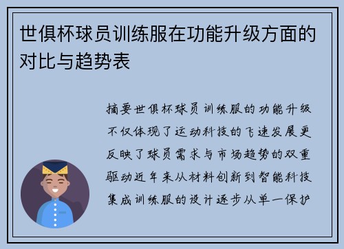 世俱杯球员训练服在功能升级方面的对比与趋势表