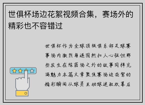 世俱杯场边花絮视频合集，赛场外的精彩也不容错过