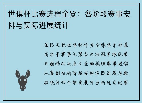 世俱杯比赛进程全览：各阶段赛事安排与实际进展统计